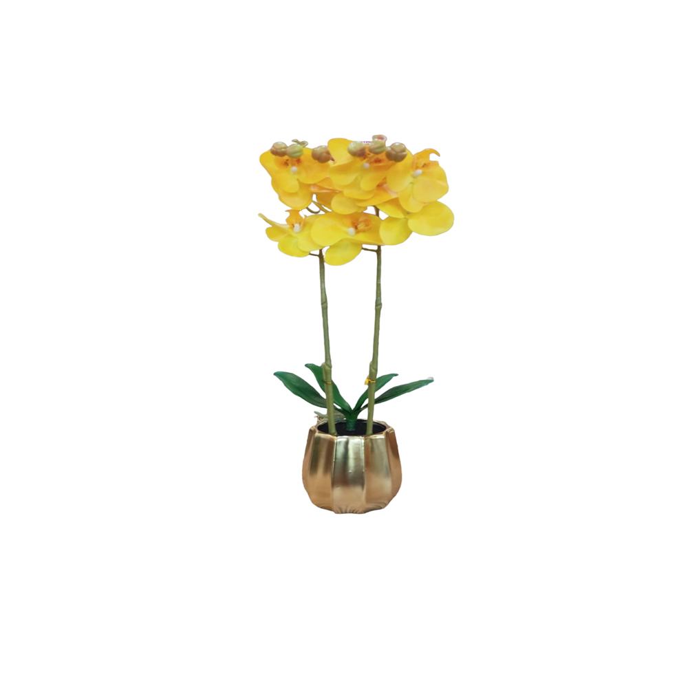 DECO ORQUIDEA GRANDE AMARILLA CON FLORERO DORADO