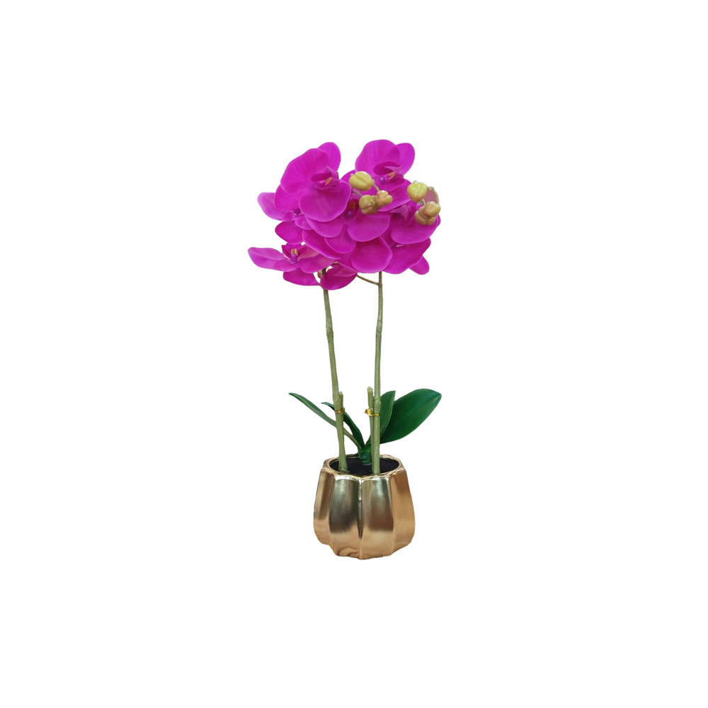 DECO ORQUIDEA GRANDE FUCSIA  CON FLORERO DORADO