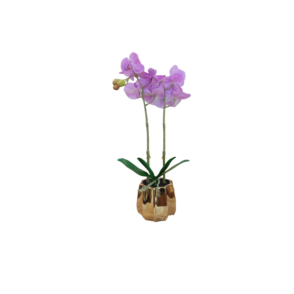 DECO ORQUIDEA GRANDE LILA CON FLORERO DORADO